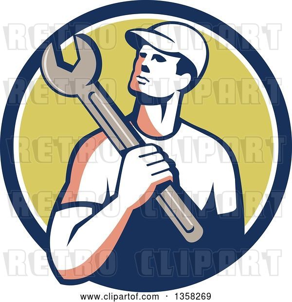 Vector Clip Art of Retro Male Mechanic Holding a Giant Wrench over His Shoulder in a Blue White and Green Circle