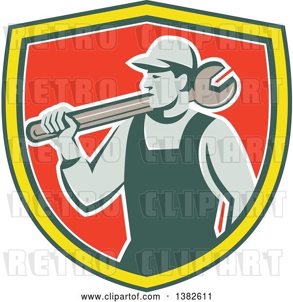 Vector Clip Art of Retro Male Mechanic Holding a Giant Wrench over His Shoulder in a Green Yellow White and Red Shield