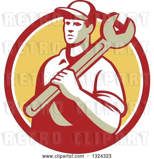Vector Clip Art of Retro Male Mechanic Holding a Wrench and Emerging from a Red White and Yellow Circle