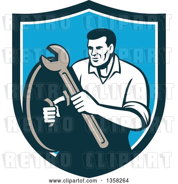Vector Clip Art of Retro Male Mechanic Holding a Wrench and Shield Inside a Blue and White Shield