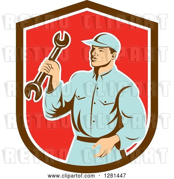 Vector Clip Art of Retro Male Mechanic Holding a Wrench in a Brown White and Red Shield