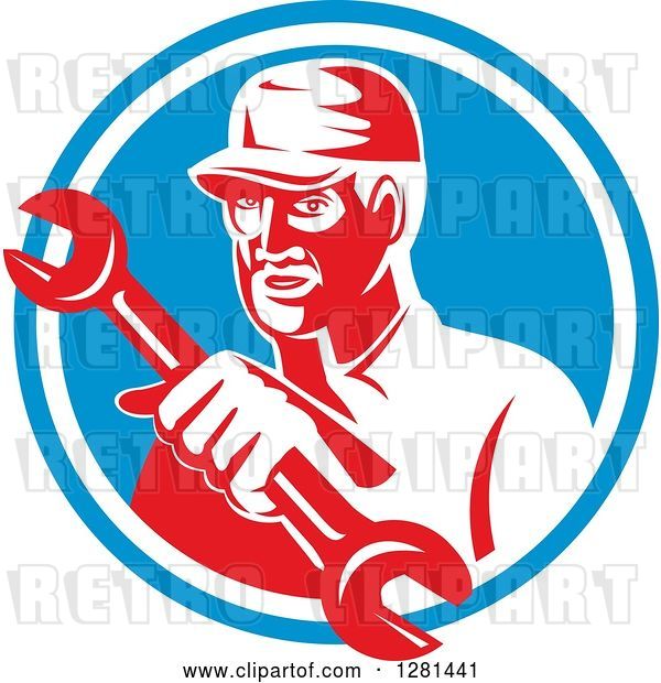 Vector Clip Art of Retro Male Mechanic Holding out a Wrench in a Blue and White Circle