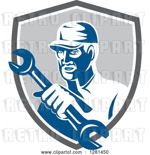 Vector Clip Art of Retro Male Mechanic Holding out a Wrench in a Gray Blue and White Shield