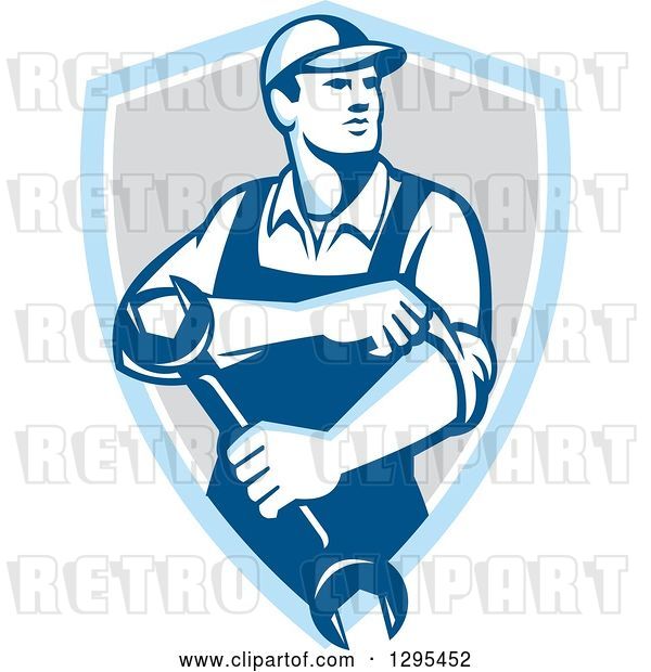 Vector Clip Art of Retro Male Mechanic Rolling up His Sleeves and Holding a Wrench in a Blue White and Gray Shield