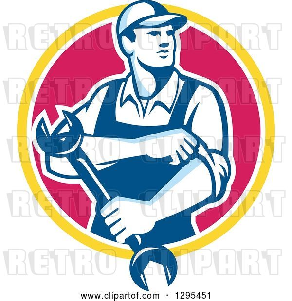 Vector Clip Art of Retro Male Mechanic Rolling up His Sleeves and Holding a Wrench in a Yellow White and Pink Circle