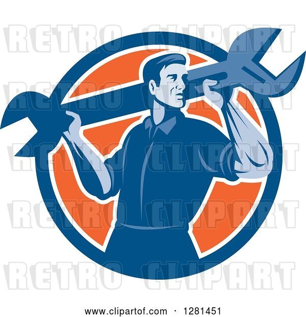Vector Clip Art of Retro Male Mechanic with a Giant Wrench on His Shoulders in a Blue White and Orange Circle