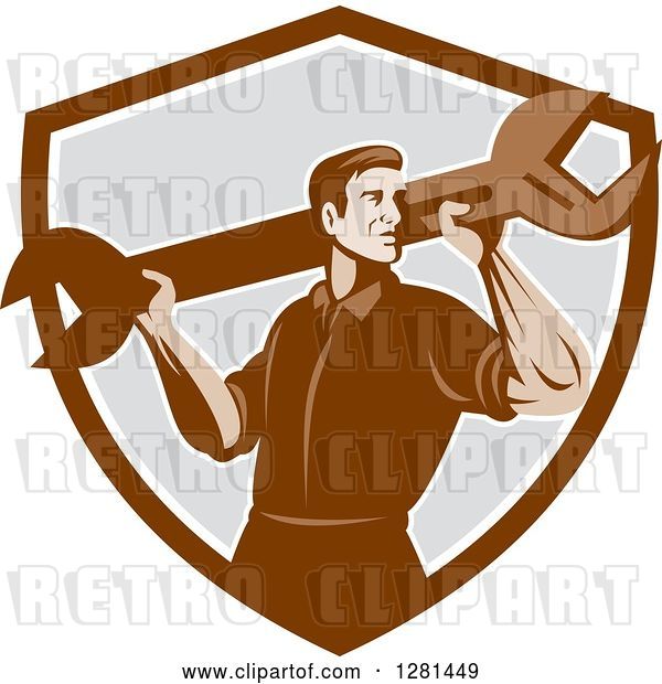 Vector Clip Art of Retro Male Mechanic with a Giant Wrench on His Shoulders in a Brown White and Gray Shield