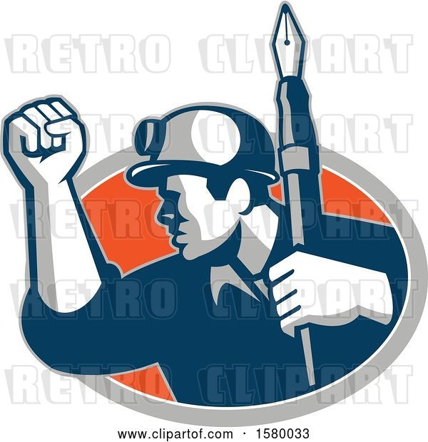 Vector Clip Art of Retro Male Miner Holding up a Fountain Pen and a Fist and Emerging from an Oval