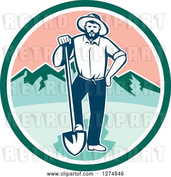 Vector Clip Art of Retro Male Miner Prospector Resting a Foot on a Shovel in a Green White and Pink Circle