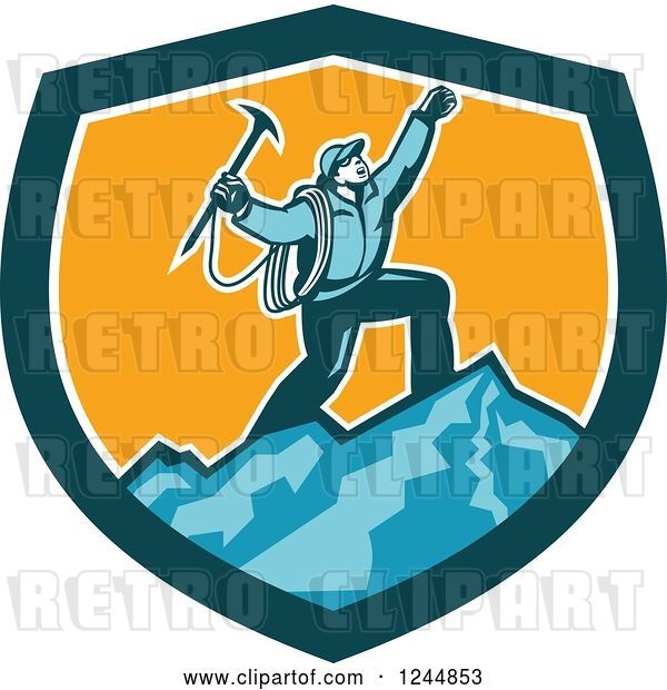 Vector Clip Art of Retro Male Mountain Climber Cheering on a Summit in a Shield