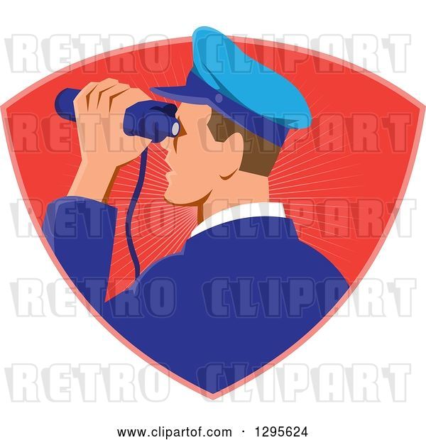 Vector Clip Art of Retro Male Navy Captiain Viewing Through Binoculars in a Red Ray Shield