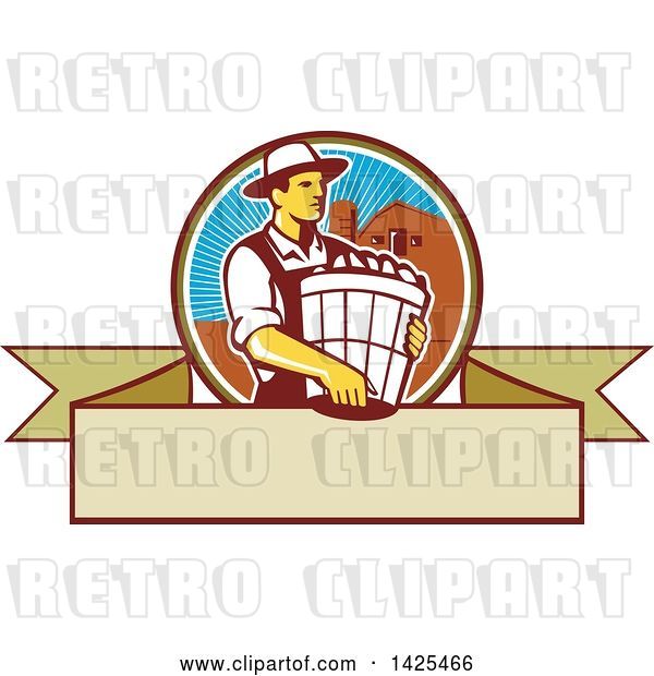 Vector Clip Art of Retro Male Organic Farmer Carrying a Bushel of Harvest Produce, in a Circle Against a Barn and Silo, over a Blank Ribbon Banner