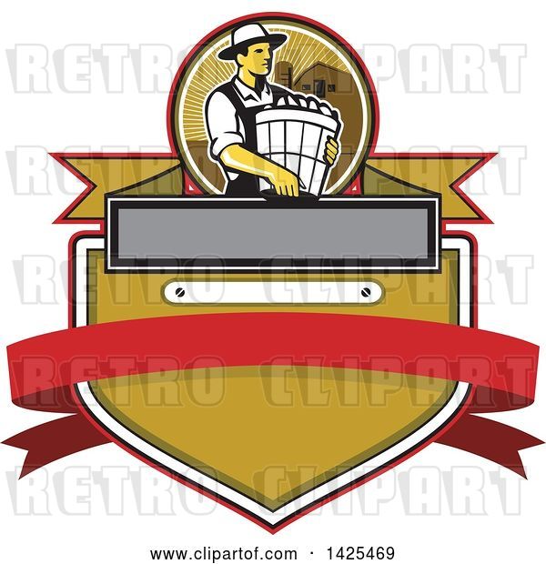 Vector Clip Art of Retro Male Organic Farmer Carrying a Bushel of Harvest Produce, in a Circle Against a Barn and Silo over a Crest