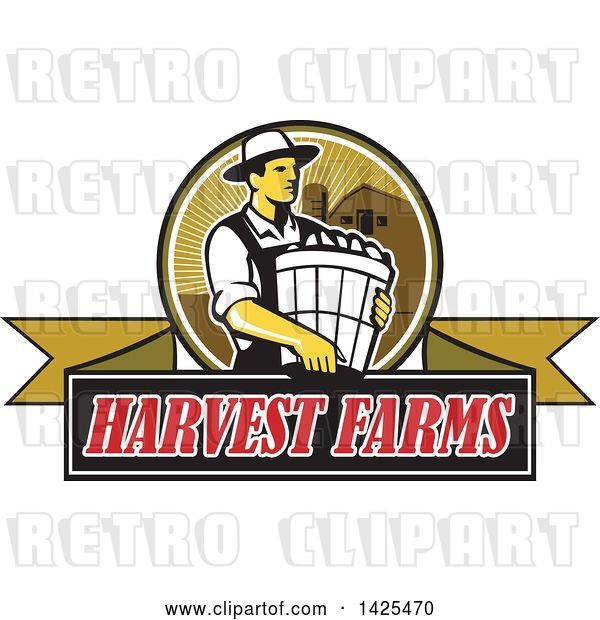 Vector Clip Art of Retro Male Organic Farmer Carrying a Bushel of Produce, in a Circle Against a Barn and Silo, over a Harvest Farms Ribbon Banner