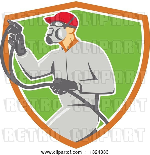 Vector Clip Art of Retro Male Painter Using a Spray Gun and Emerging from an Orange White and Green Shield