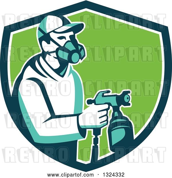 Vector Clip Art of Retro Male Painter Using a Spray Gun in a Blue White and Green Shield