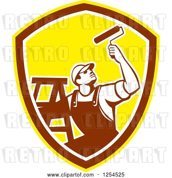 Vector Clip Art of Retro Male Painter with a Ladder and Roller Brush in a Brown and Yellow Shield