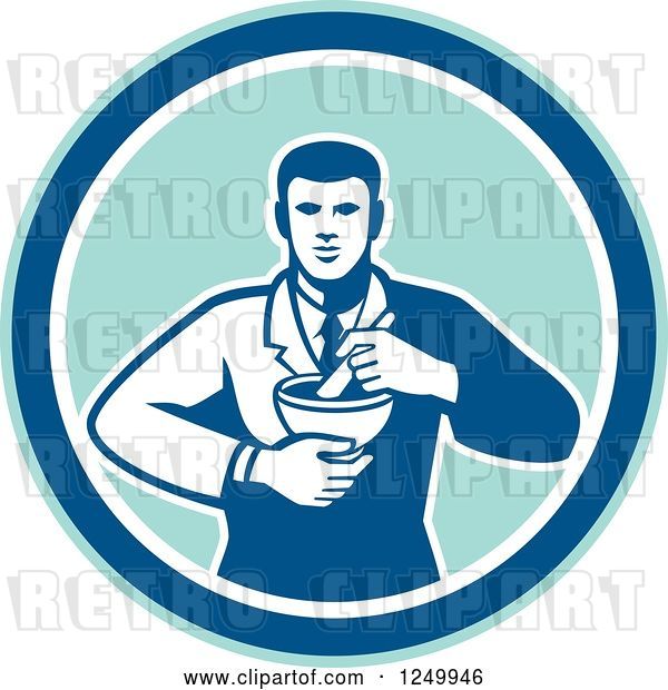 Vector Clip Art of Retro Male Pharmacist with a Mortar and Pestle in a Circle