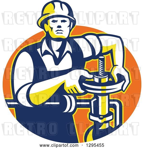 Vector Clip Art of Retro Male Pipe Fitter Plumber Turning a Valve in an Orange Oval