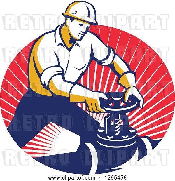 Vector Clip Art of Retro Male Pipe Fitter Plumber Turning a Valve in an Oval of Red Rays
