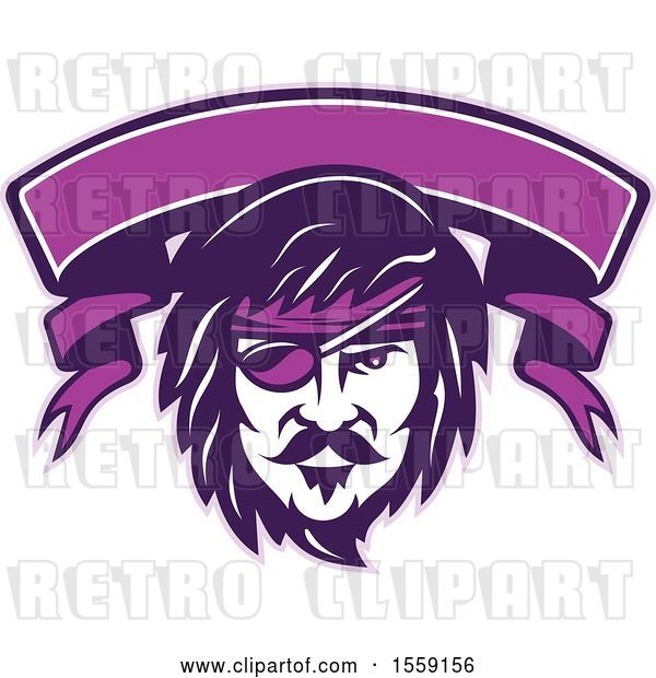 Vector Clip Art of Retro Male Pirate Face with an Eye Patch and a Purple Banner
