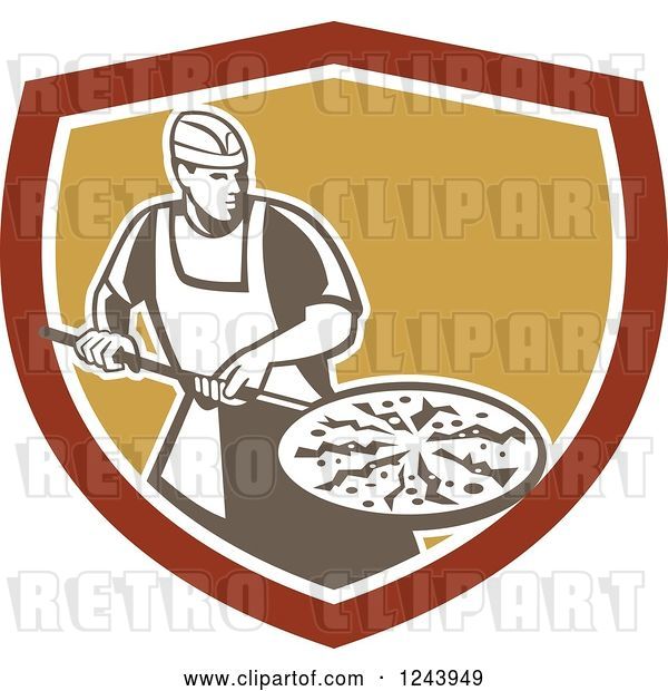 Vector Clip Art of Retro Male Pizzeria Chef with a Pie on a Pan in a Shield