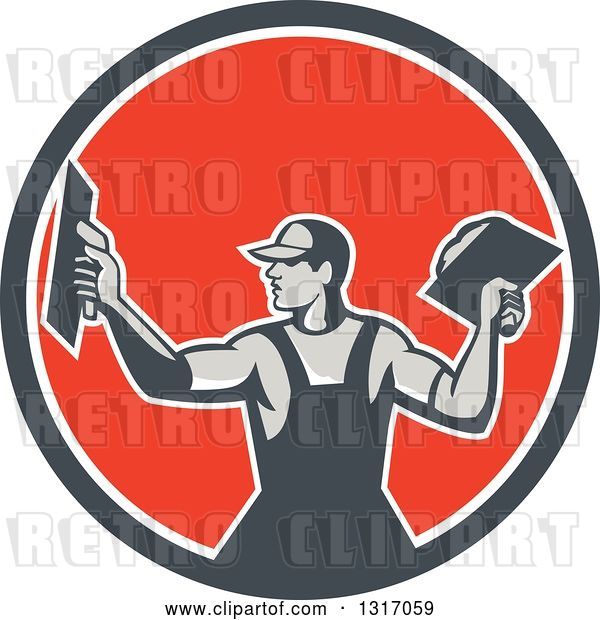 Vector Clip Art of Retro Male Plasterer Holding Trowels in a Navy Blue, White and Red Circle