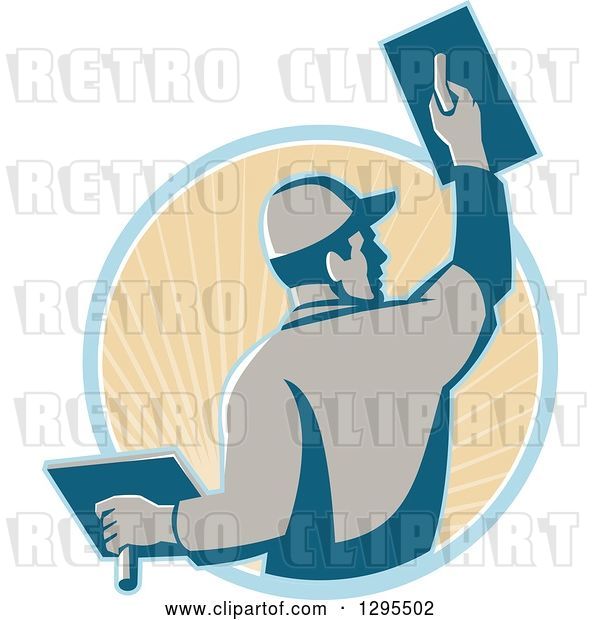 Vector Clip Art of Retro Male Plasterer Working and Emerging from a Blue and Tan Sunshine Circle