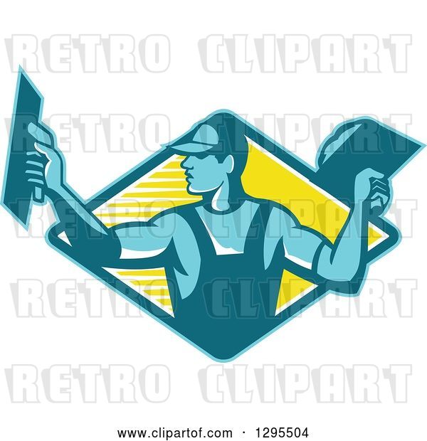 Vector Clip Art of Retro Male Plasterer Working in a Blue and Yellow Diamond