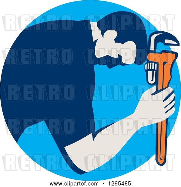 Vector Clip Art of Retro Male Plumber Bowing and Holding a Monkey Wrench to His Head in a Blue Circle