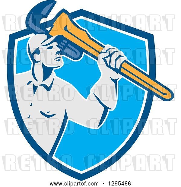 Vector Clip Art of Retro Male Plumber Holding a Giant Monkey Wrench in a Blue and White Shield