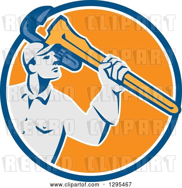 Vector Clip Art of Retro Male Plumber Holding a Giant Monkey Wrench in a Blue Orange and White Circle