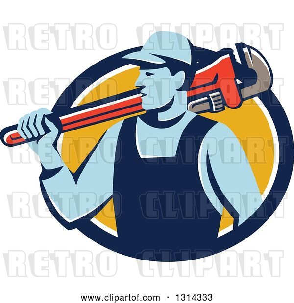 Vector Clip Art of Retro Male Plumber Holding a Giant Monkey Wrench over His Shoulder in a Blue White and Yellow Circle