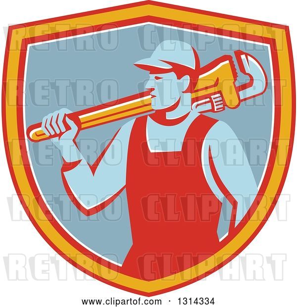 Vector Clip Art of Retro Male Plumber Holding a Giant Monkey Wrench over His Shoulder in a Red Yellow White and Blue Shield