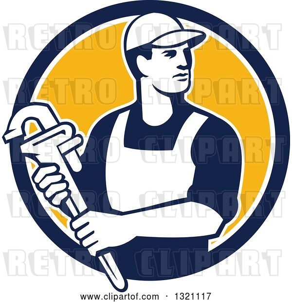 Vector Clip Art of Retro Male Plumber Holding a Monkey Wrench and Looking to the Side in a Blue White and Yellow Circle