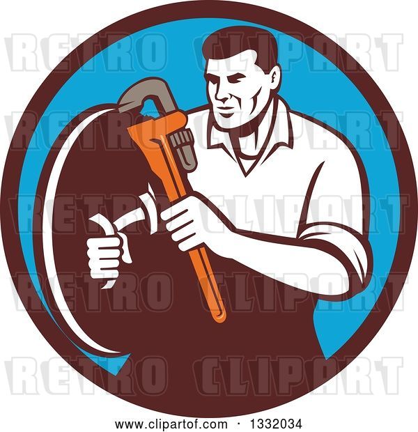 Vector Clip Art Of Retro Male Plumber Holding A Monkey Wrench And