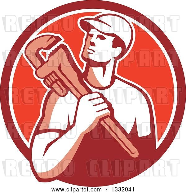 Vector Clip Art of Retro Male Plumber Holding a Monkey Wrench in a Red and White Circle