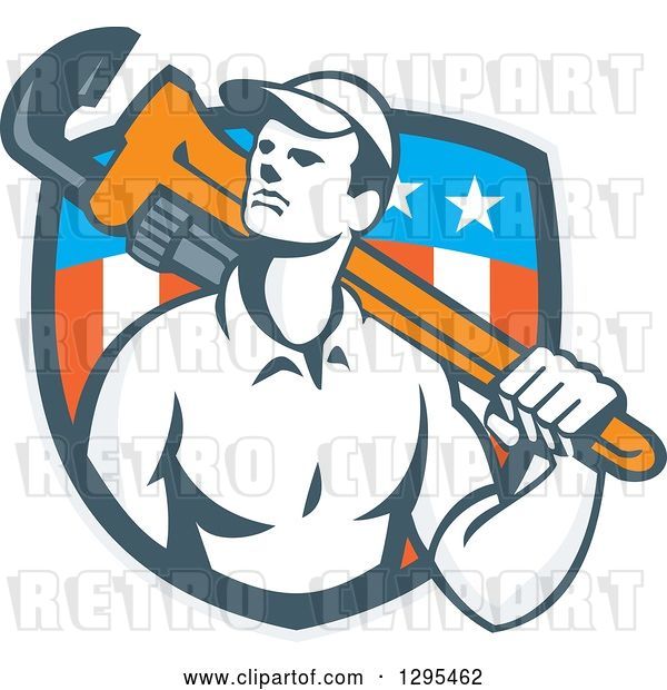 Vector Clip Art of Retro Male Plumber Holding a Monkey Wrench over His Shoulder in an American Shield
