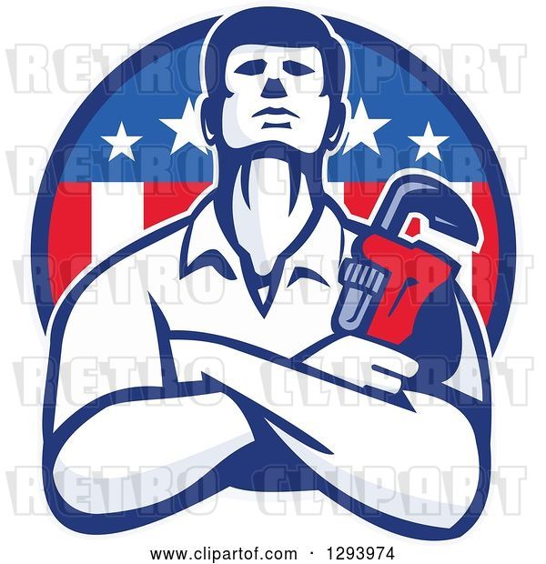 Vector Clip Art of Retro Male Plumber with Folded Arms and a Monkey Wrench Emerging from an American Circle