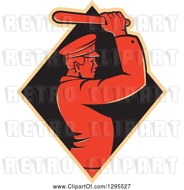 Vector Clip Art of Retro Male Police Guy Using a Baton in a Tan and Black Diamond