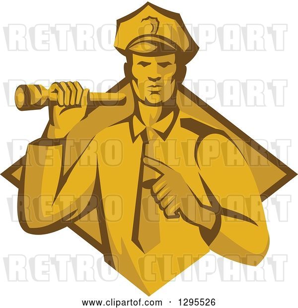 Vector Clip Art of Retro Male Police Officer or Security Guard Shining a Flashlight and Pointing over a Yellow and Brown Diamond