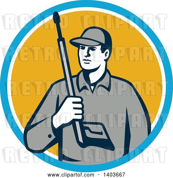 Vector Clip Art of Retro Male Pressure Washer Worker Holding a Washing Gun in a Blue White and Yellow Circle