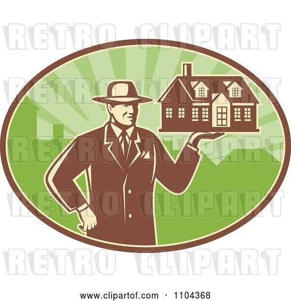 Vector Clip Art of Retro Male Real Estate Agent Holding a House over a Green Oval