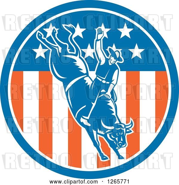 Vector Clip Art of Retro Male Rodeo Cowboy on a Bucking Bull in an American Flag Circle