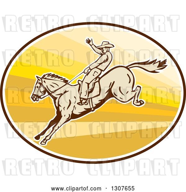 Vector Clip Art of Retro Male Rodeo Cowboy on a Bucking Horse in an Oval