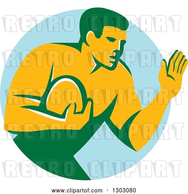 Vector Clip Art of Retro Male Rugby Player Fending off in a Blue Circle