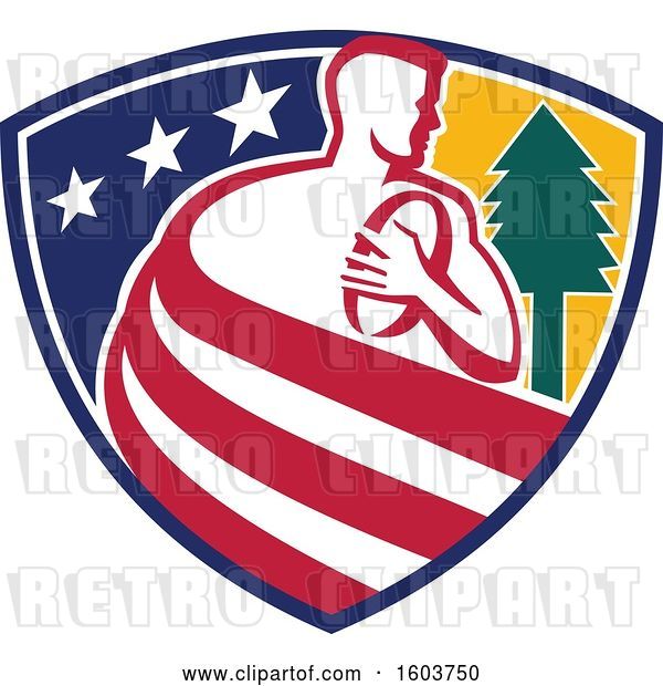 Vector Clip Art of Retro Male Rugby Player Formed of Stripes in a Star Shield with a Tree