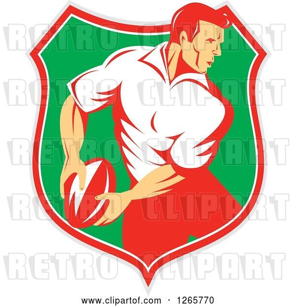 Vector Clip Art of Retro Male Rugby Player in a Gray Red White and Green Shield