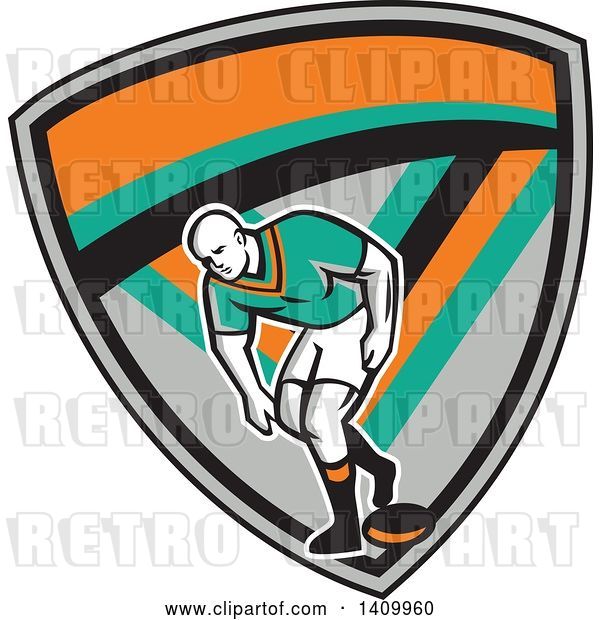Vector Clip Art of Retro Male Rugby Player in a Gray Turquoise Black and Orange Shield