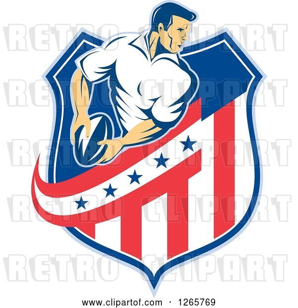 Vector Clip Art of Retro Male Rugby Player in an American Flag Shield